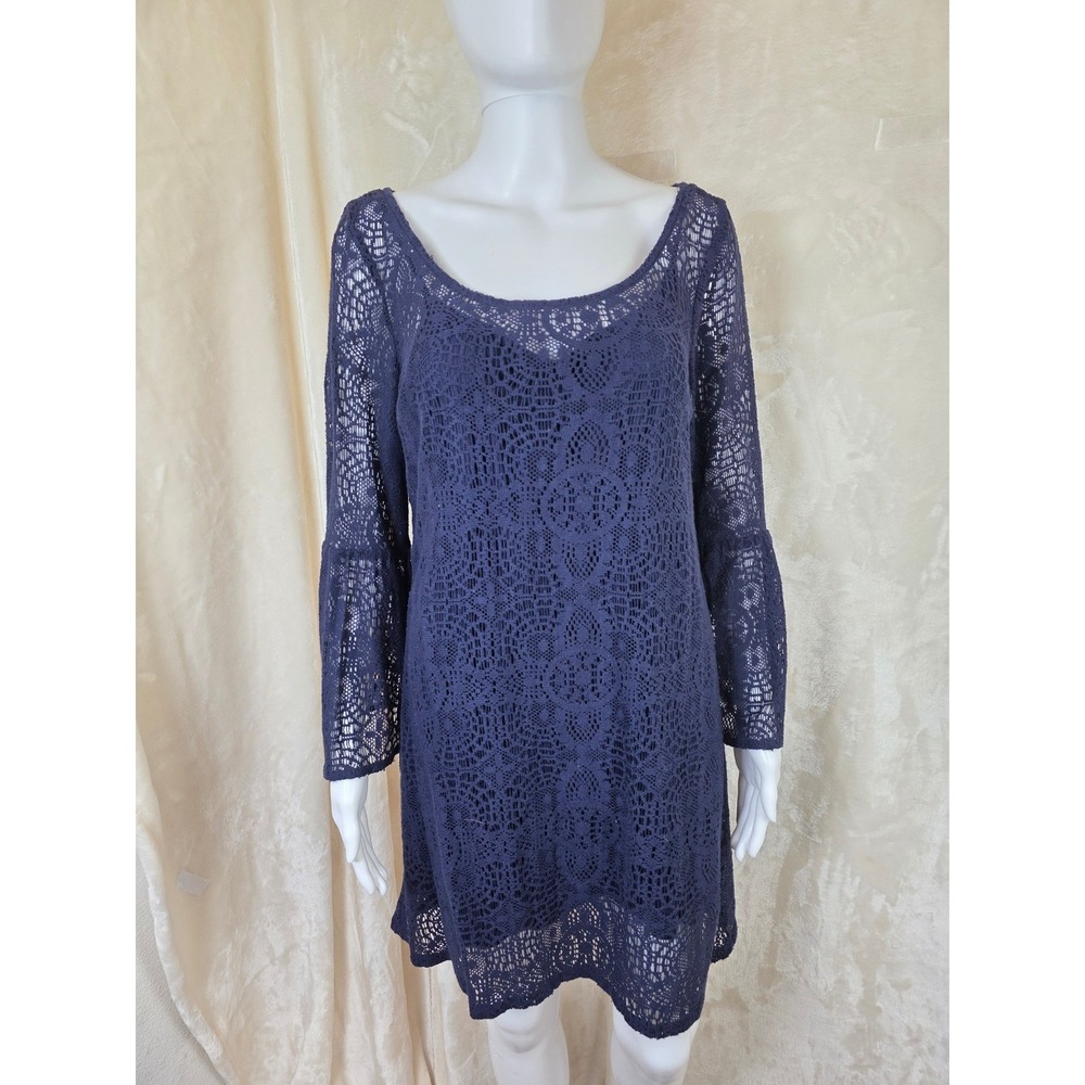 American Eagle Navy Blue Crochet Lace Bell Sleeve Keyhole Back Mini Dress Medium